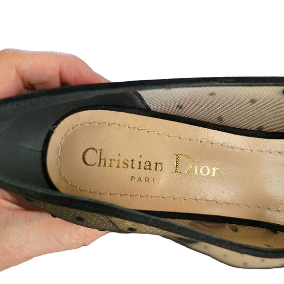 Dior Baby D Mesh Mary Jane Suede Logo Pumps Black Polka Dot Low Heel 8.5 38.5 - Picture 13 of 17